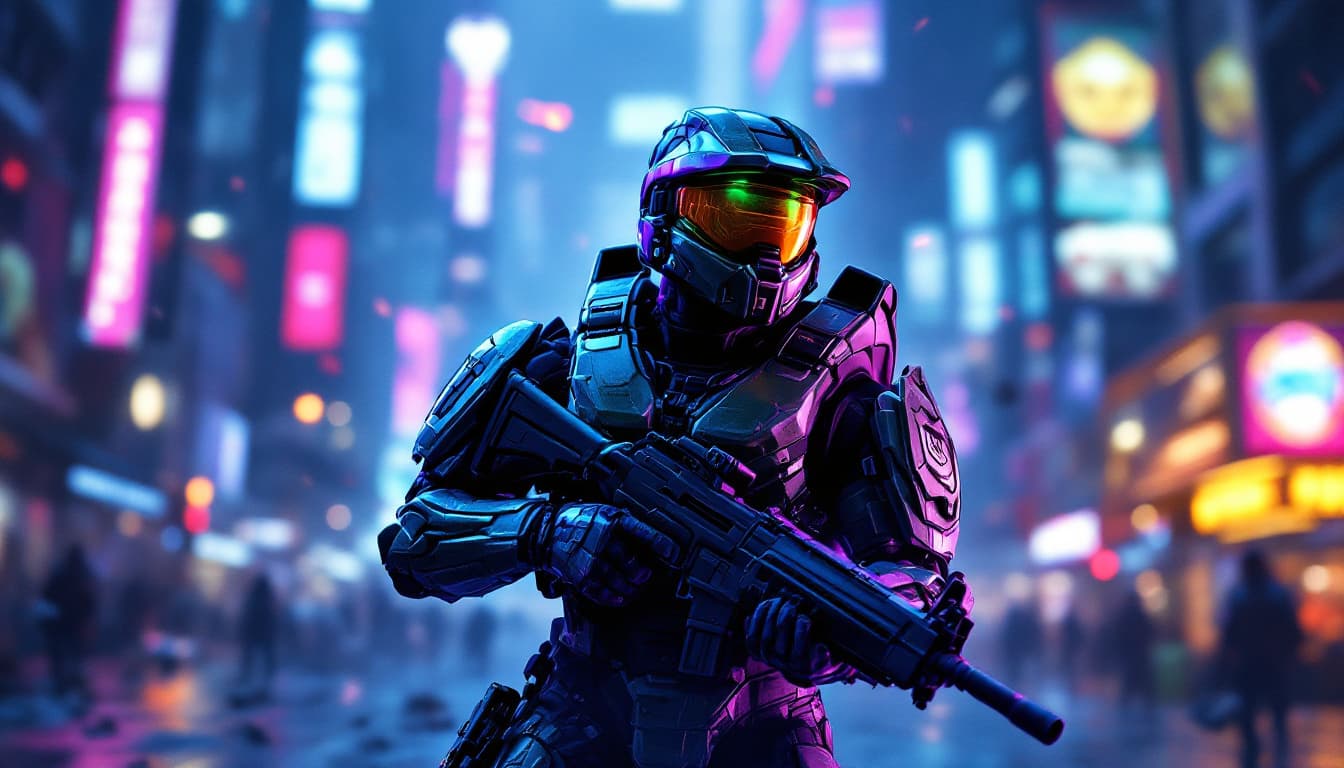 AI generated: Master chief from halo infinite in a military pose with his unsc shotgun in his hands, the setting i...
