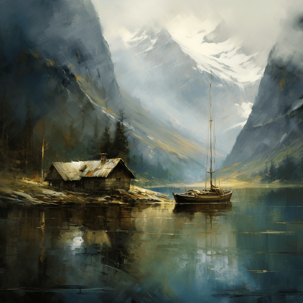 AI generated:  mountain landscape with a lake, an alpine hut on the shore, a lone boat under sail in the middle of...