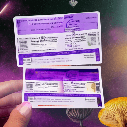AI generated: Photo of a ultra realistic air ticket for a trip, hallucinogenic mushrooms, happiness, purple, name ...