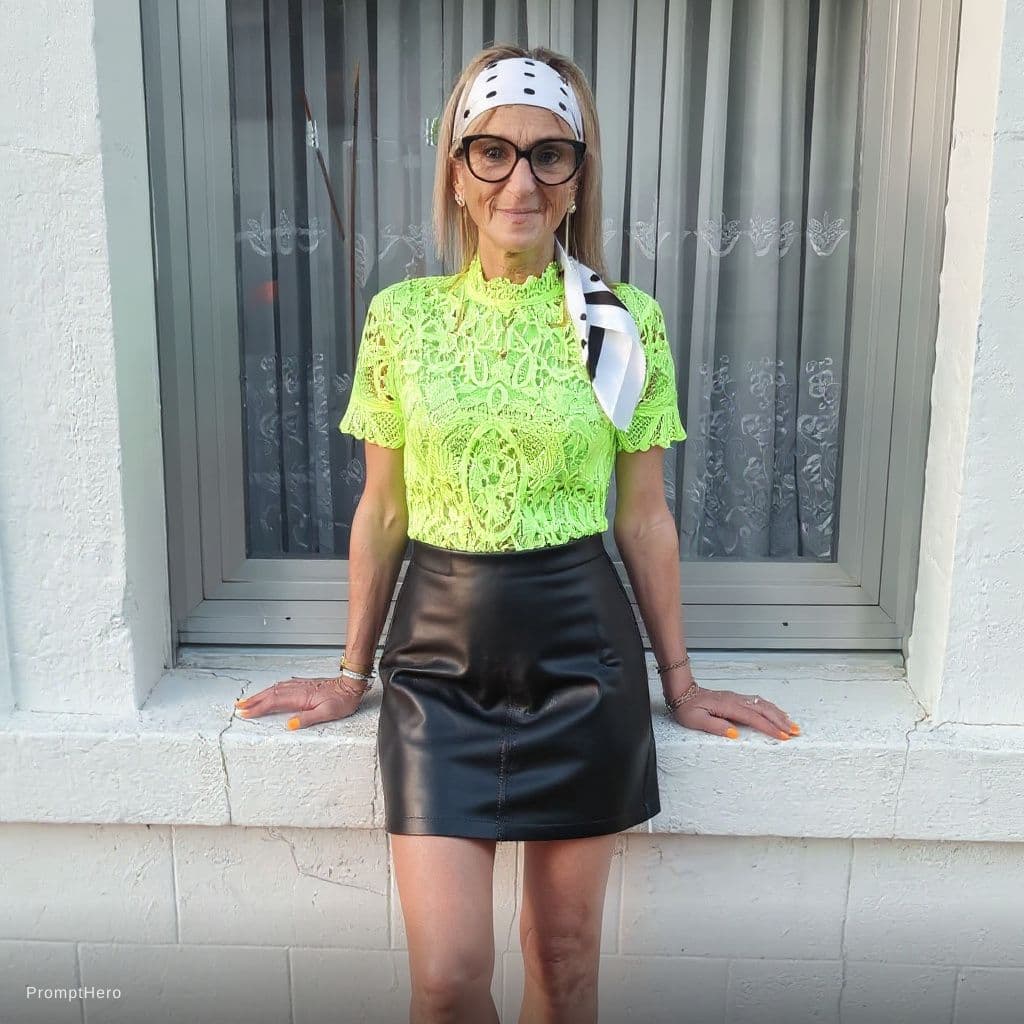 AI generated: earing a neon green mesh crop top paired with a black leather short skirt adorned w with very high h...