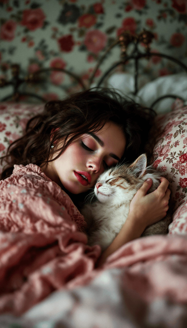 AI generated: a closeup photo of a bohemian woman with rosy skin and a cat, they are cuddled up and sleeping in a ...