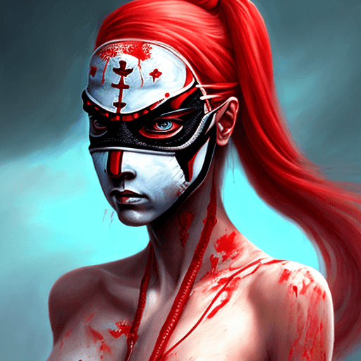 AI generated: a painting of a woman-ninja with red paint on her face, art, inspired by Magali Villeneuve, ninja ou...
