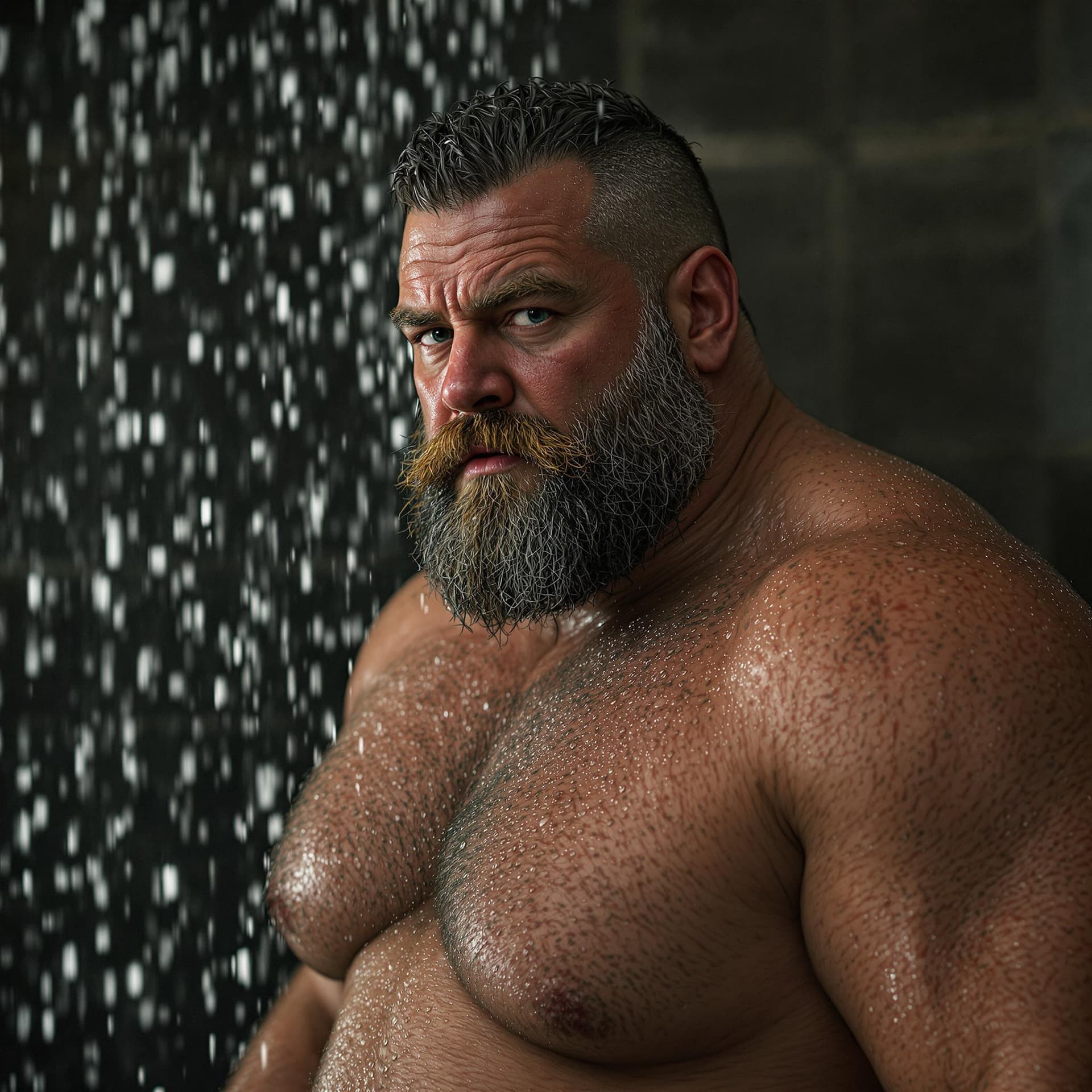 AI generated: a bearded 45 year old, beefy, chubby man, hairy chest, shirtless, in shower, wet body, dynamic light...