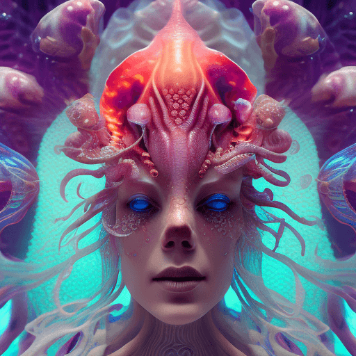 AI generated: Goddess close-up portrait ribcagel. jellyfish phoenix head, nautilus, orchid, skull, betta fish, bio...