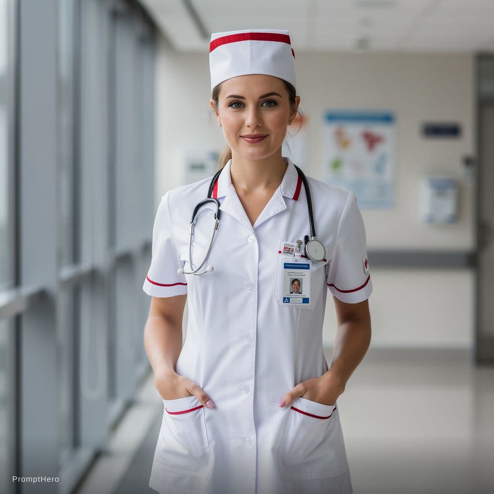 AI generated: nurse, sluty nurse, sexy nurse, red lingerie, blue panties, bending over, grabbing her breasts