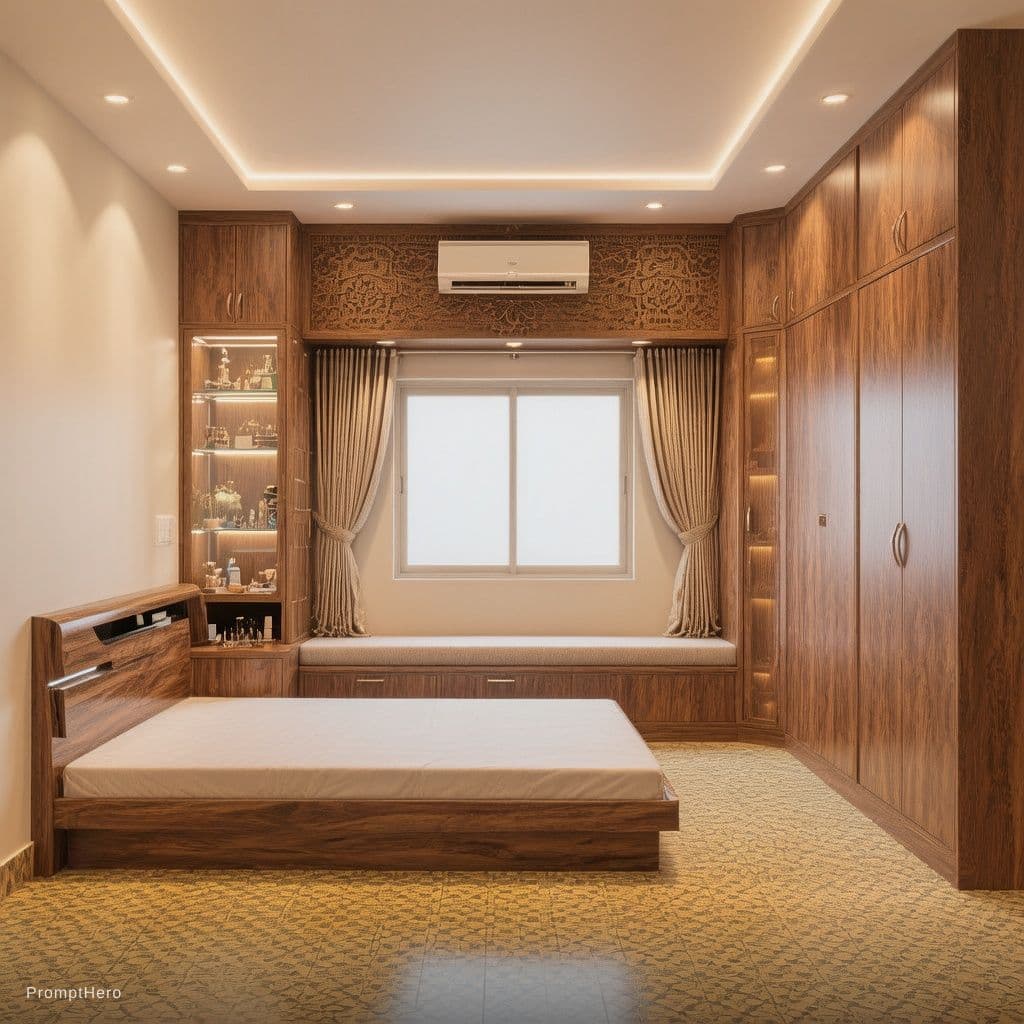AI generated: A realistic 3D interior design of a 16x16 feet bedroom with 10 feet ceiling. South wall features a f...