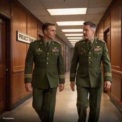 AI generated video: Two senior military generals walk side-by-side down a wood-paneled Pentagon hallway in 1969.

Their ...