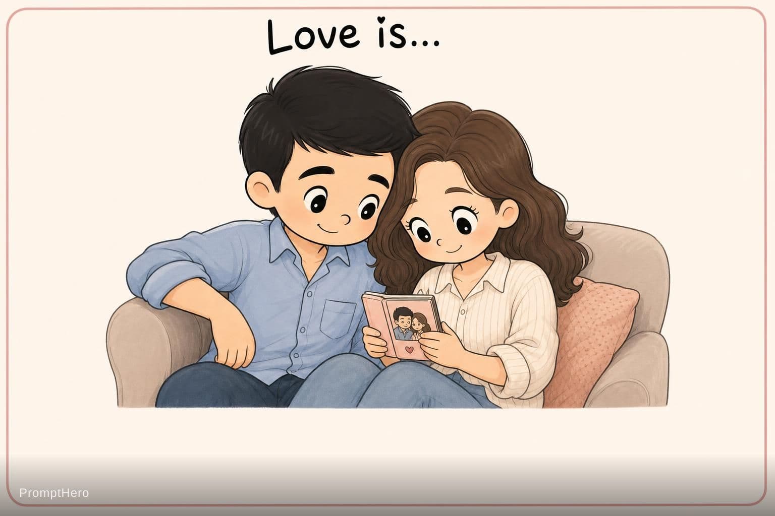 AI generated: A tender, heartwarming illustration in the iconic "Love is..." card style. Vertical rectangular digi...