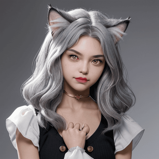 AI generated: The character has short, layered gray hair with slightly wavy tips, complemented by prominent cat ea...