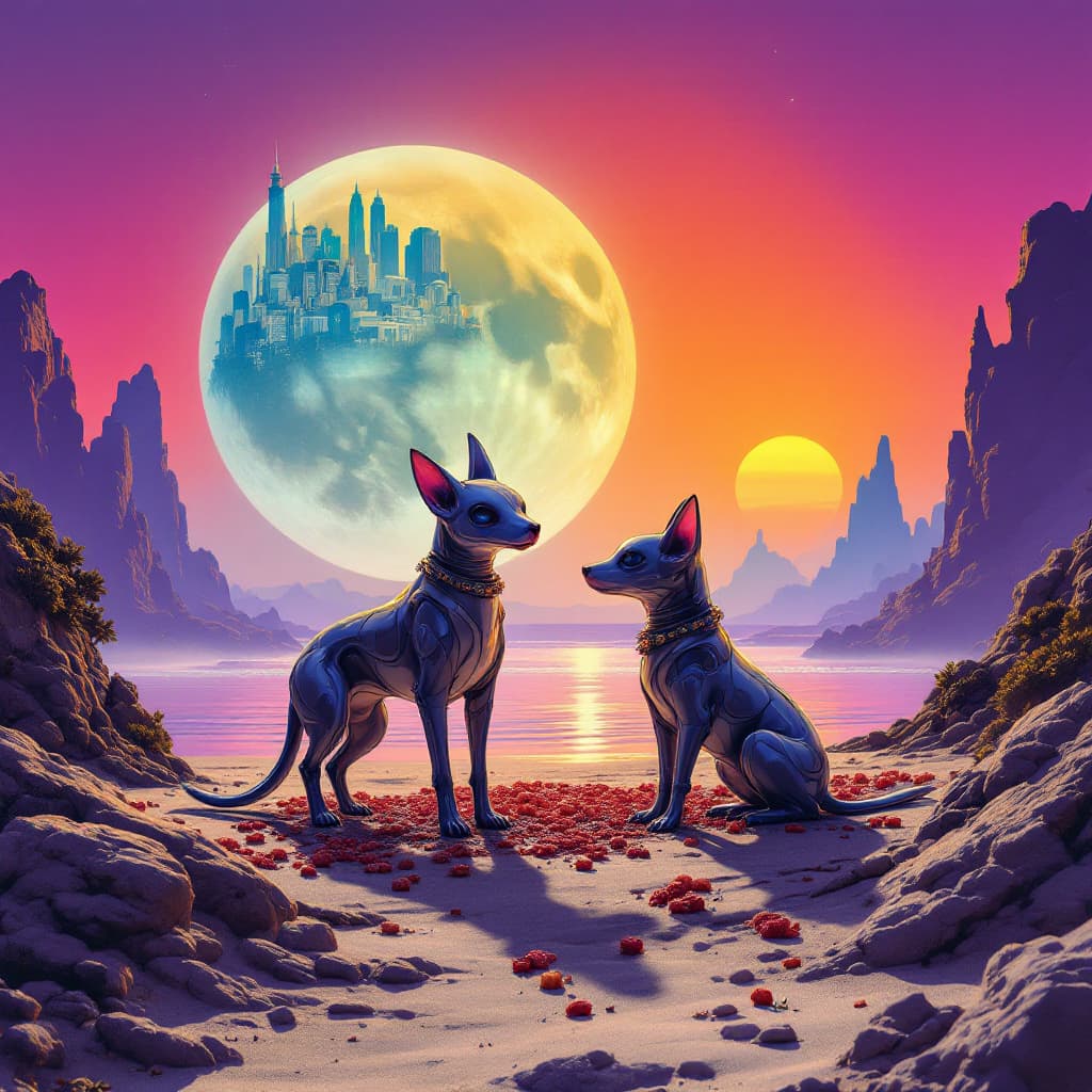 AI generated: Futuristic alien dogs standing on the beach of an exoplanet, they eat from futuristic dog food model...