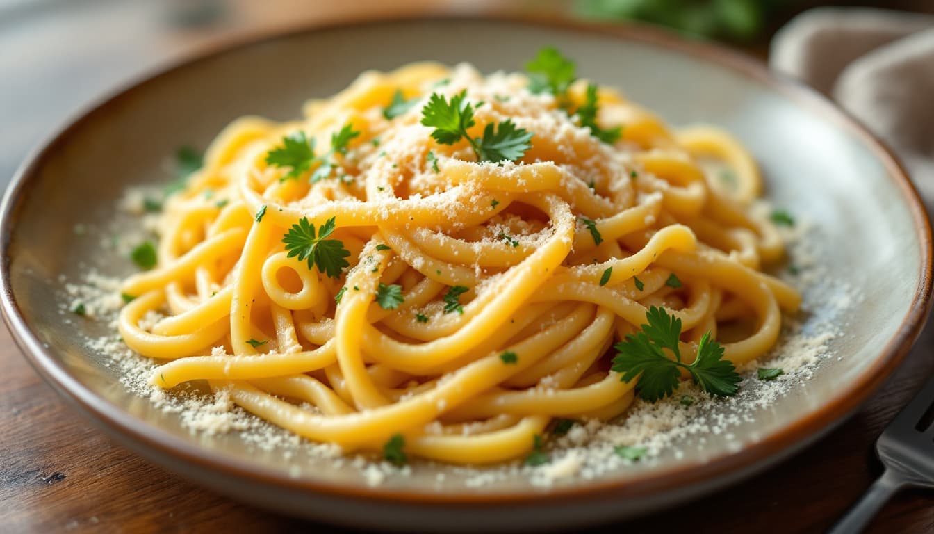 AI generated: A perfectly styled plate of pasta carbonara with fresh parsley and grated Parmesan, warm tones, ultr...