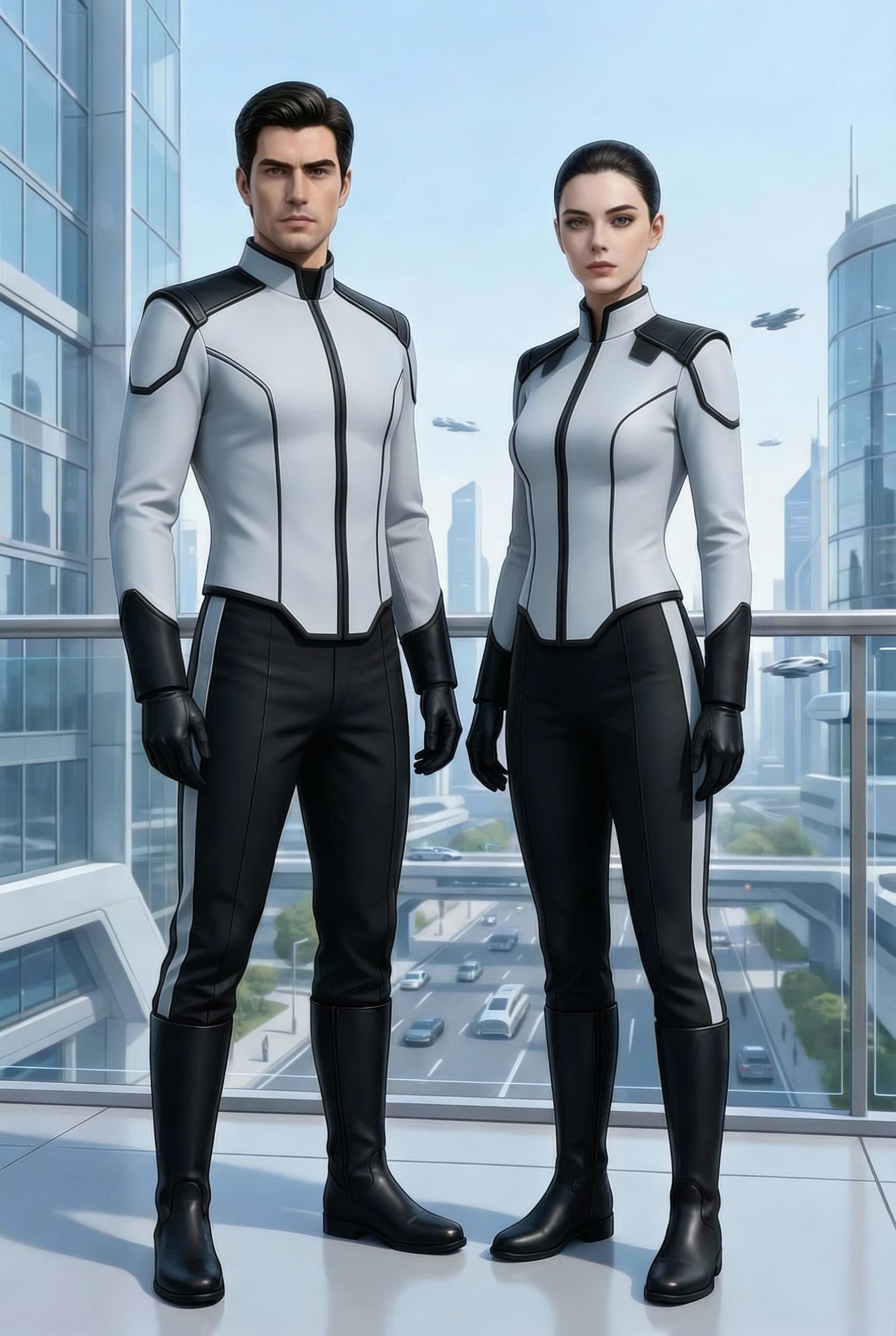AI generated: Create a Sci-Fi uniform. Use the reference image and turn all red to Grey. The color of the uniform ...