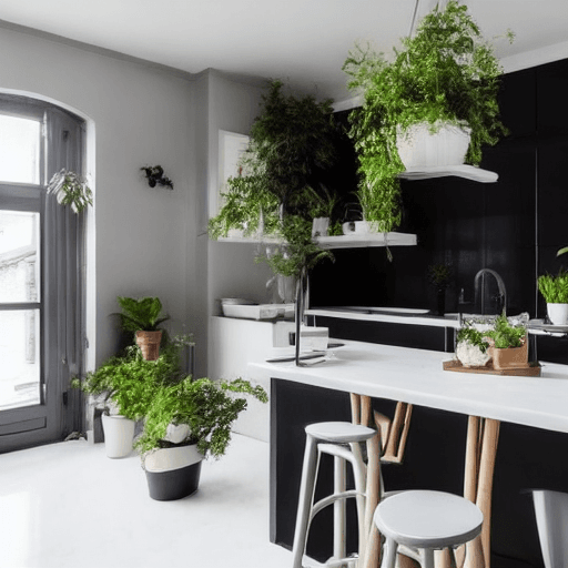 AI generated: a small kitchen with a black and white kitchen set, white marble floor, gray plaster walls, small ta...