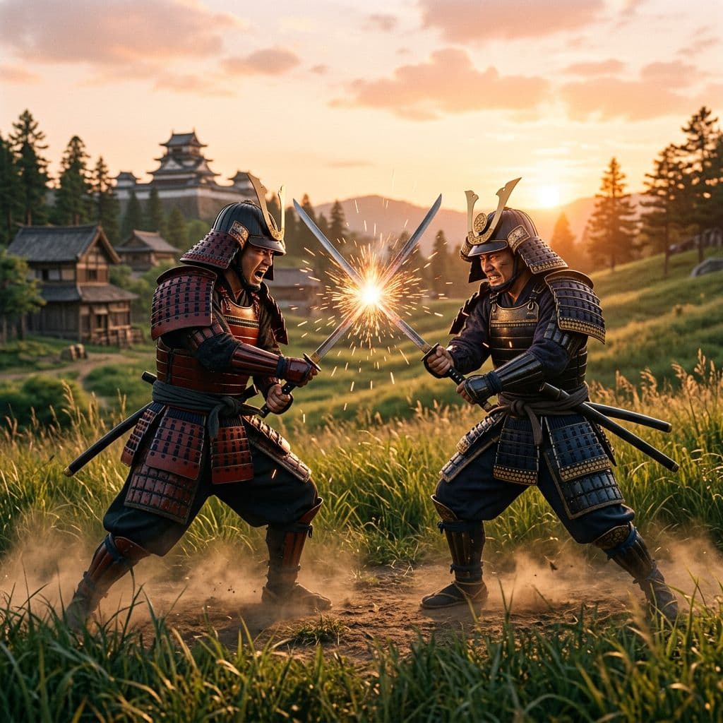 AI generated: Two samurai warriors locked in fierce combat on a sunlit Japanese meadow, american shot framing both...
