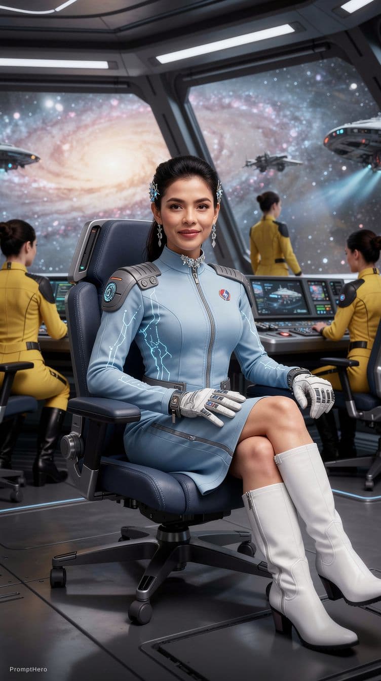 AI generated: Hyper-realistic full-body shot photo of a 20yo female space ship captain. beautiful blue eyes, prett...