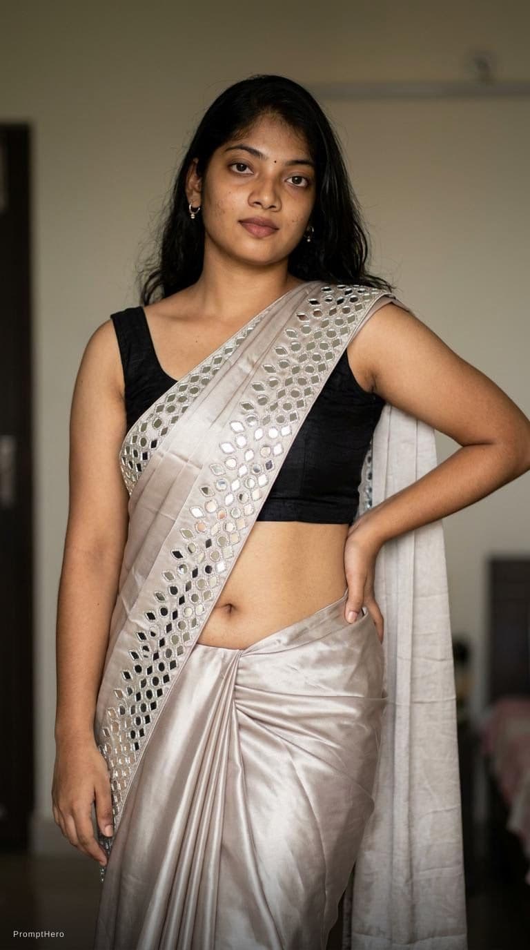 AI generated: Tamil girl. modern sexy glossy mirror saree, wearing saree saree saree model. glossy mirror saree Na...