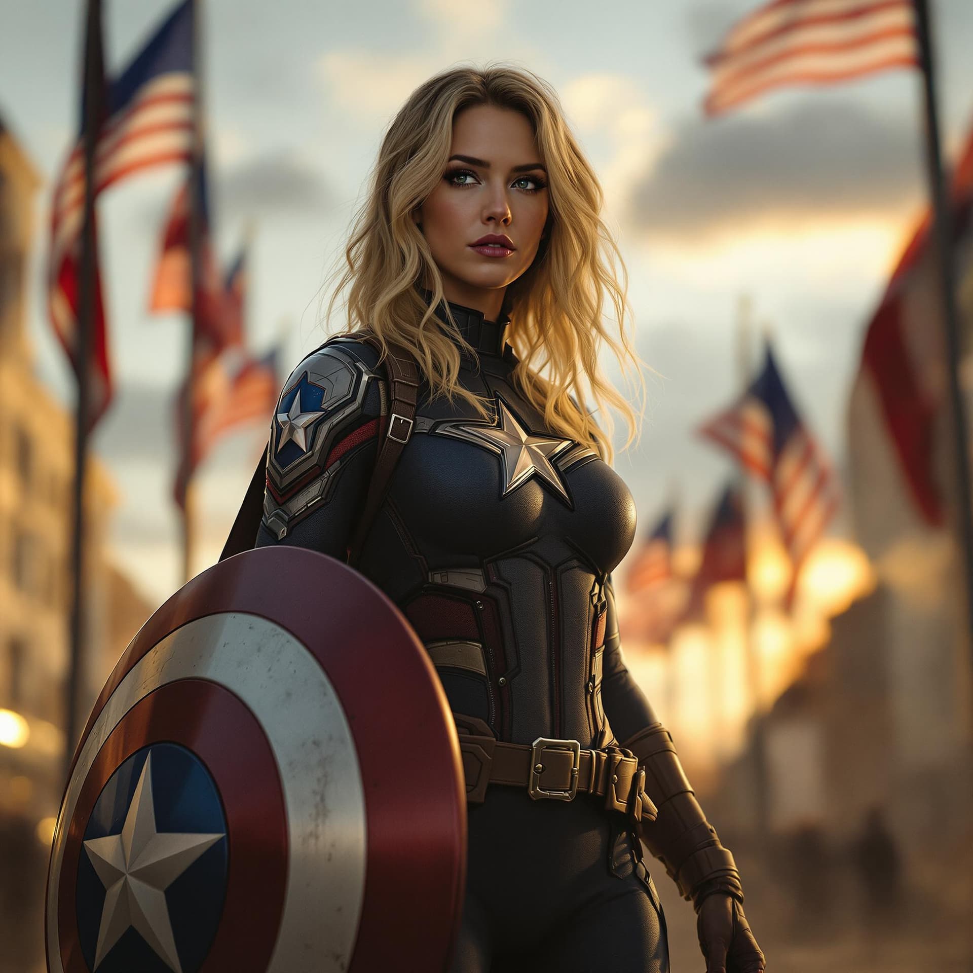 AI generated: High-resolution cinematic shot of a female Captain America in the middle of a city square at dusk. S...