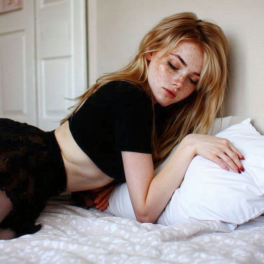 AI generated: young skinny girl lies on bed leaning against the wall wearing skirt and black t-shirt, one breast v...