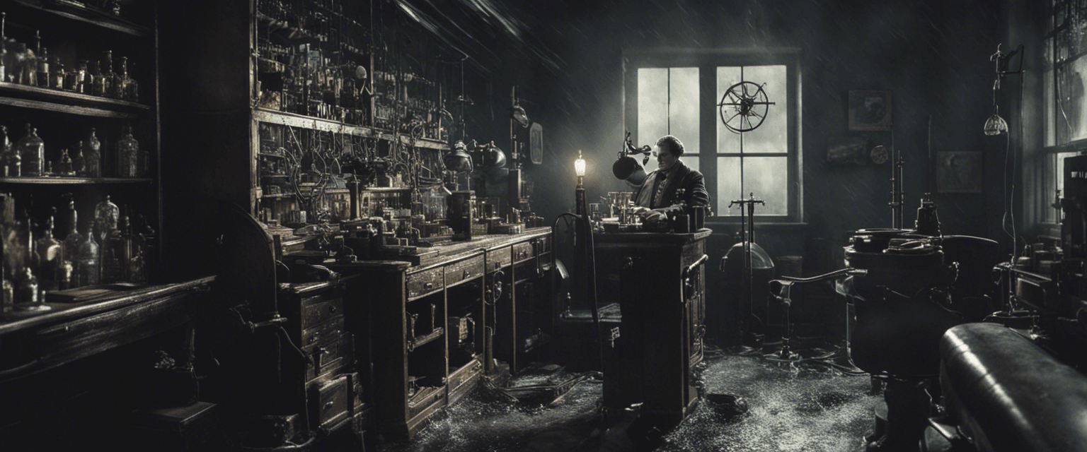 AI generated: Dr. Frankenstein's laboratory, with great detail, in the style of 1930s films, dramatic light, light...