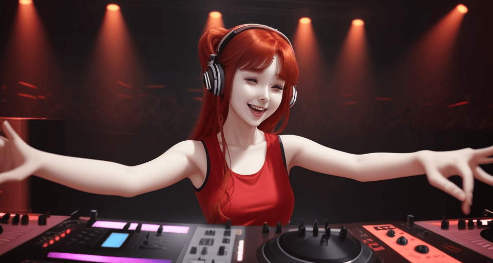 AI generated: A woman resembling IU with red hair wearing a sleeveless top, joyfully and passionately DJing solo a...
