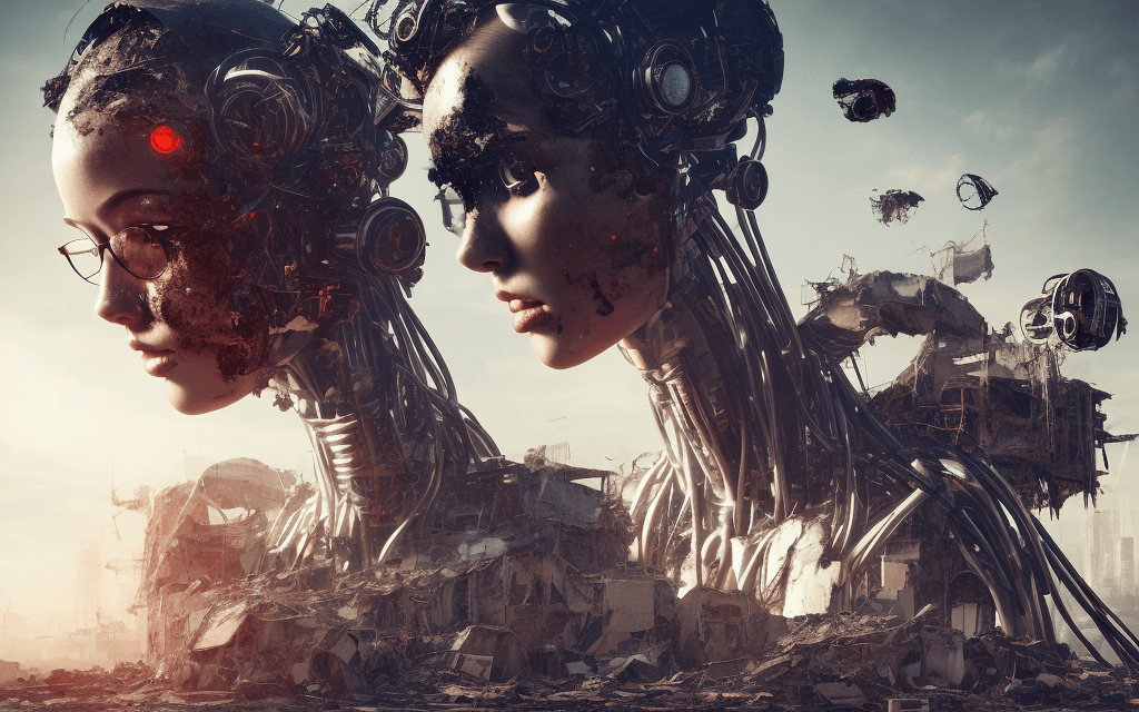 AI generated: Fascinating double exposure features a demolished city superimposed with a cyborg woman's head, and ...