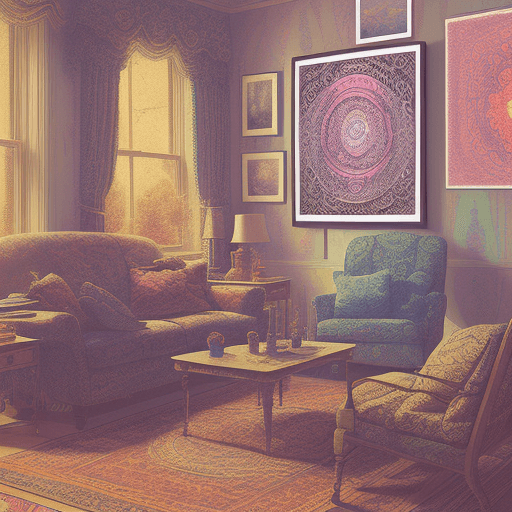 AI generated: High resolution photography pen and ink illustration interior design, muted palette, Grateful Dead p...
