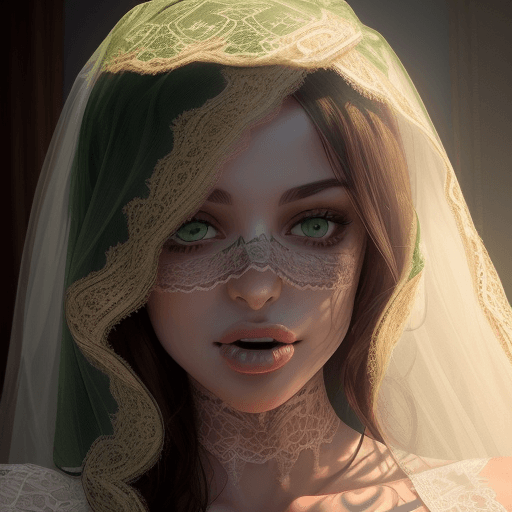 AI generated: A close-up portrait of a woman with golden-brown-green eyes, partially covered by a lace veil, with ...