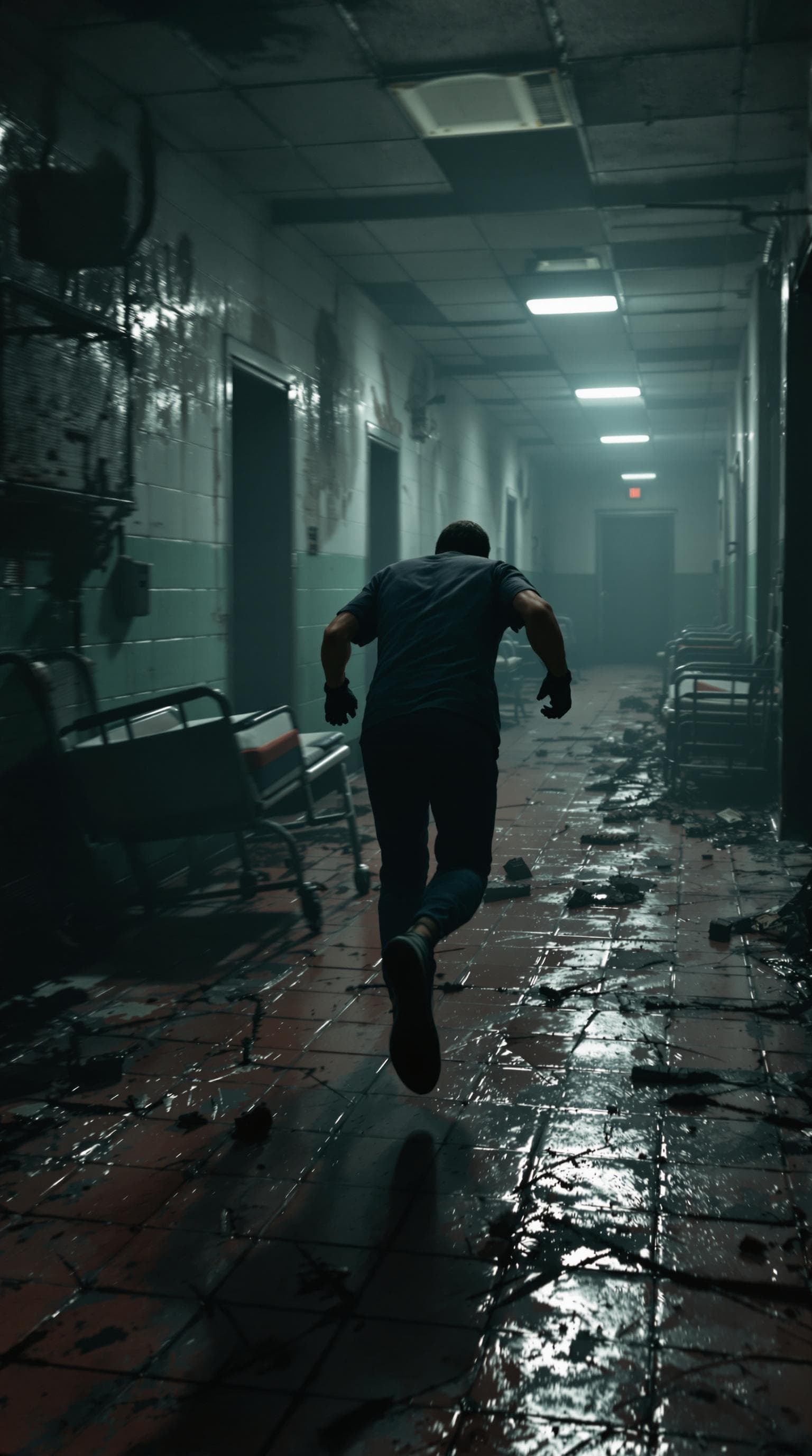 AI generated: "A hyper-realistic first-person perspective of a person sprinting through the decayed, dimly lit asy...