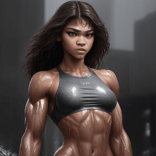 AI generated: zendaya face, big abs ,strong muscule , wet body,muscular female, beautiful,