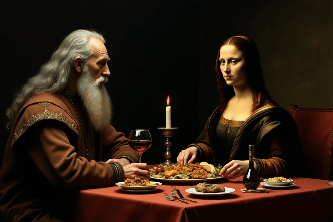 AI generated: old leonardo da vinci with long grey hair and grey square beard, wearing Renaissance style clothes, ...