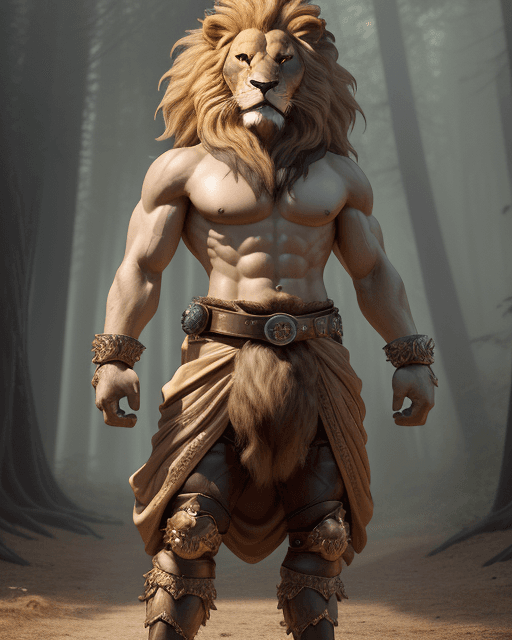 AI generated: A full body fixed in the frame image of a lion-headed  muscled peaceful creature wearing a fancy lea...