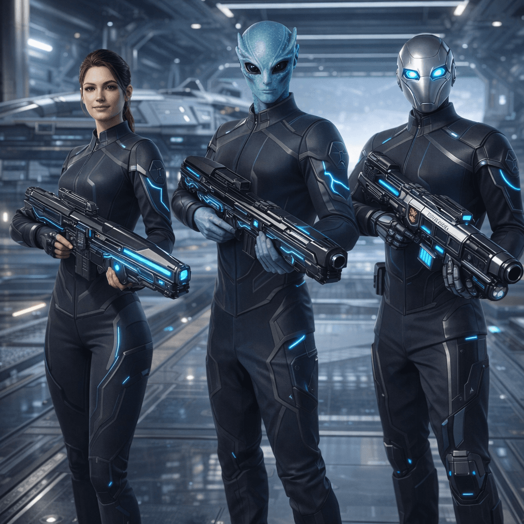 AI generated: Create an image where all the charactes are  holding the reference weapons in a formation. Change ba...