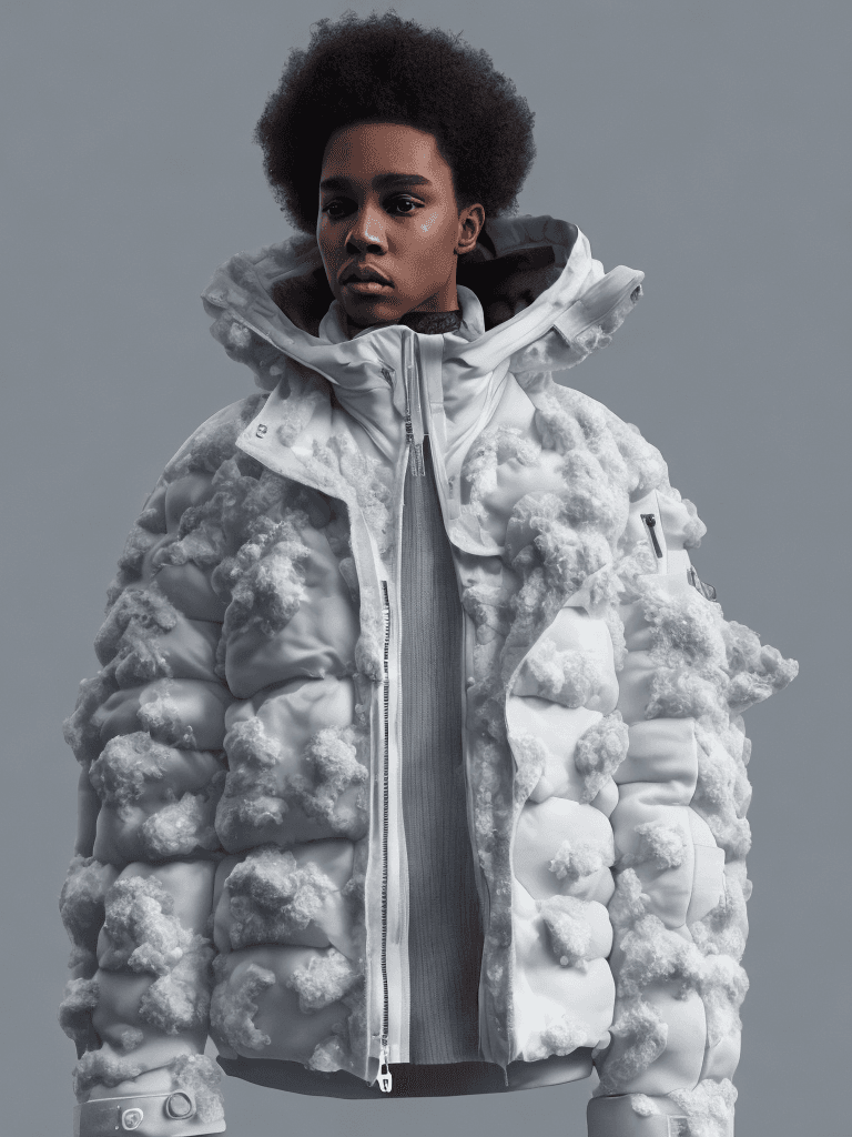 AI generated: milky Fubu winter puffer jacket, design trend, design by kanye west, on a white background, octane, ...