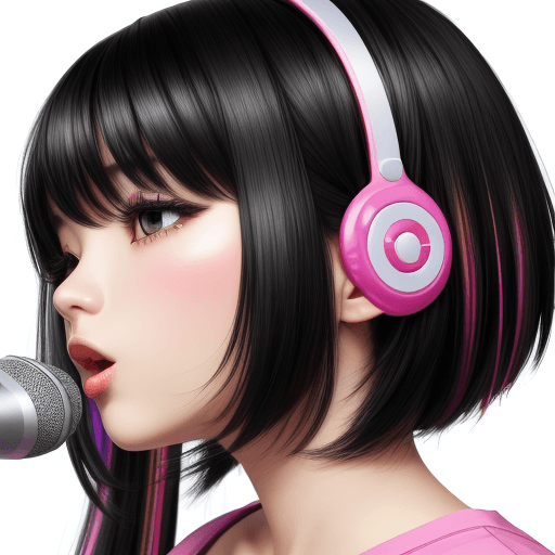 AI generated: high detail, white background with colorful lines. beautiful karaoke girl, black hair. 