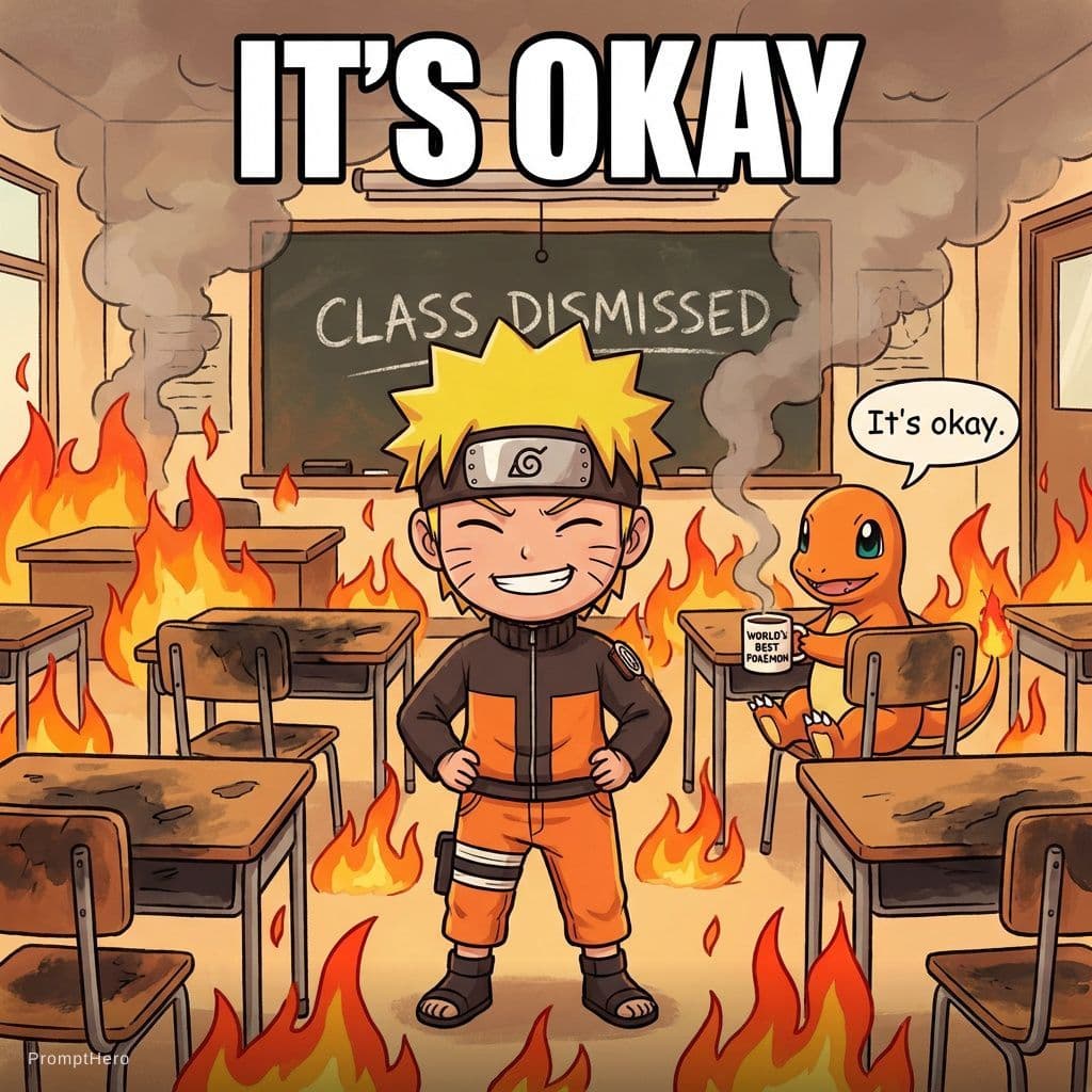AI generated: The meme says “It’s okay,” but what’s actually shown is a very detailed and adorable Naruto standing...