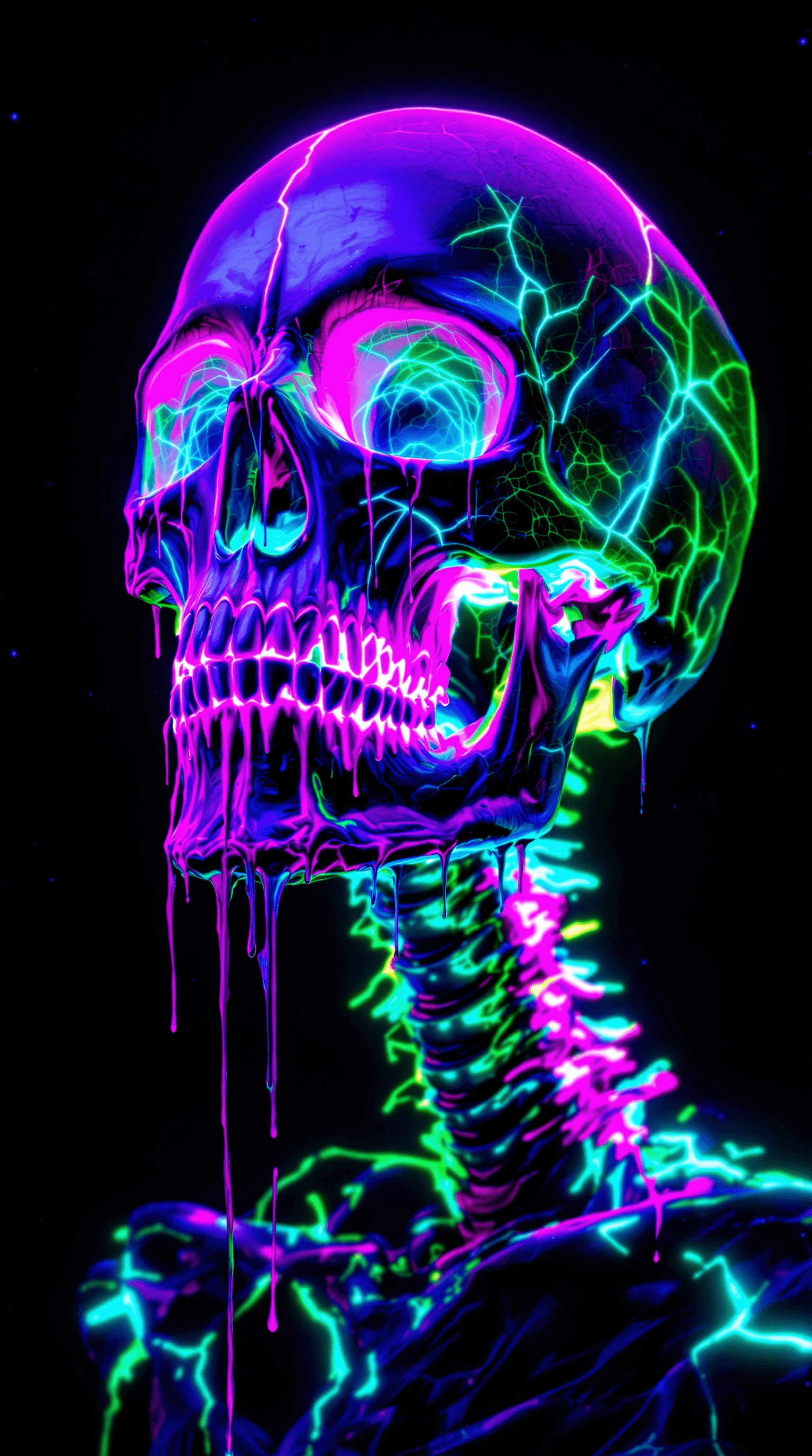 AI generated: A surreal, neon-drenched skull artwork glowing with vibrant ultraviolet colors. The skull is drenche...