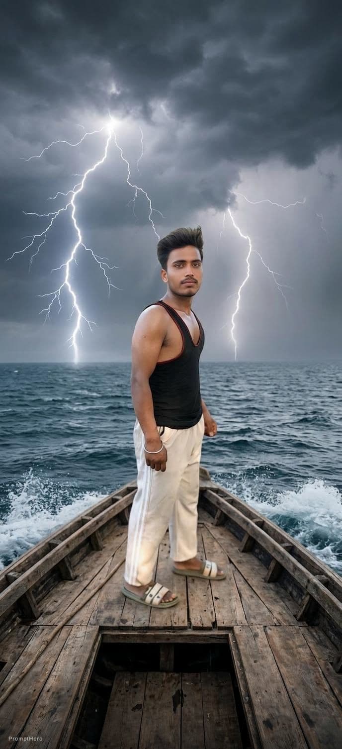 AI generated: Nano Banana prompt: middle of the ocean then sky was blue and thunder ...