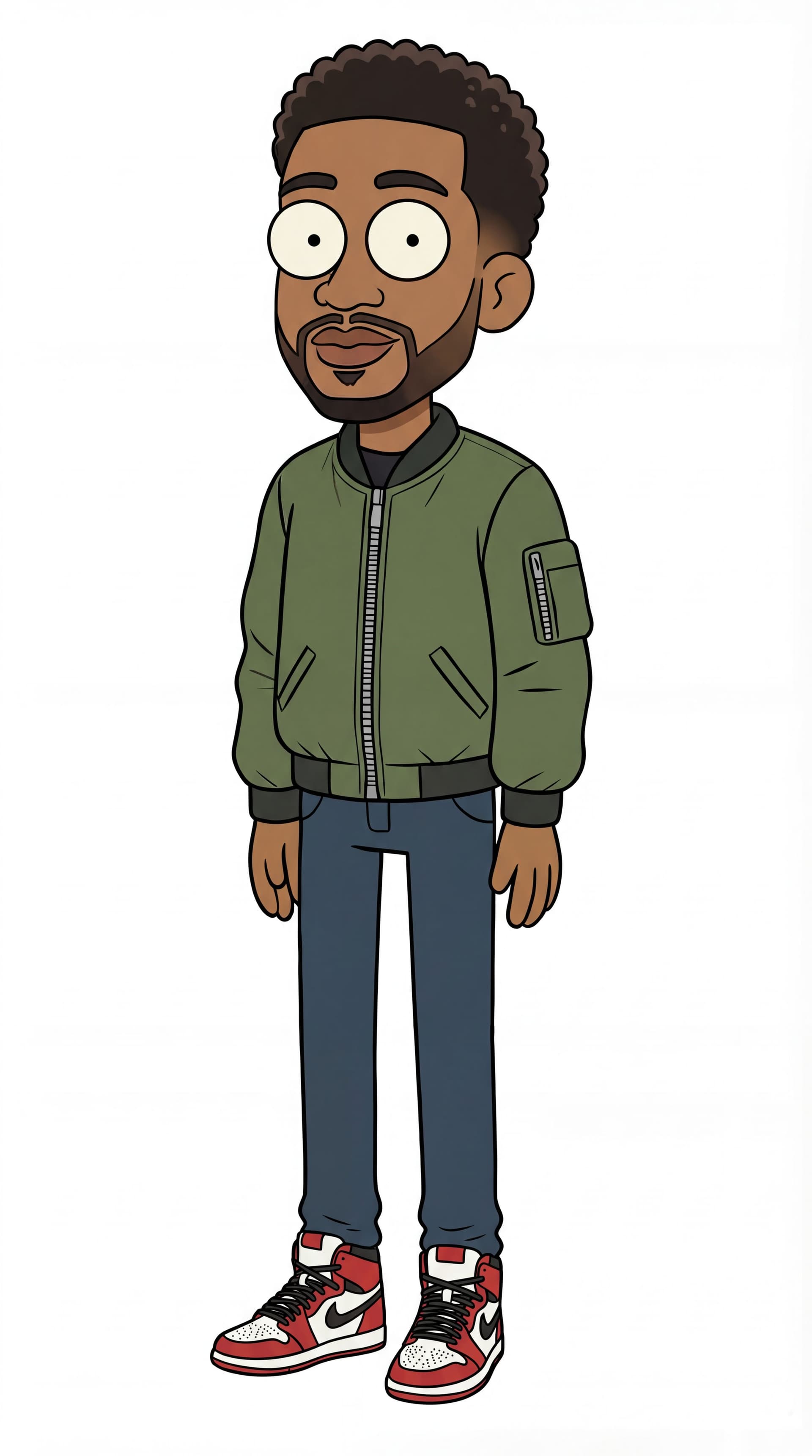 AI generated: make his eyes wide open and make him taller a bit. with some good high top sneakers.