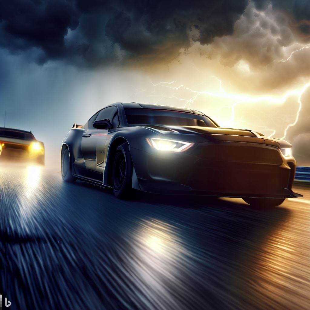 AI generated: cars on a racetrack in stormy weather with lightning in the background
