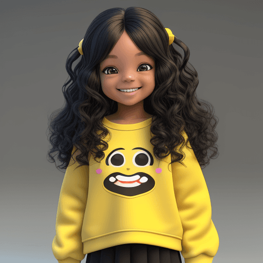 AI generated: small girl, 3D, 8k, wavy hair, black hair, smiling, looking ahead, front scene, yellow sweatshirt, 3...