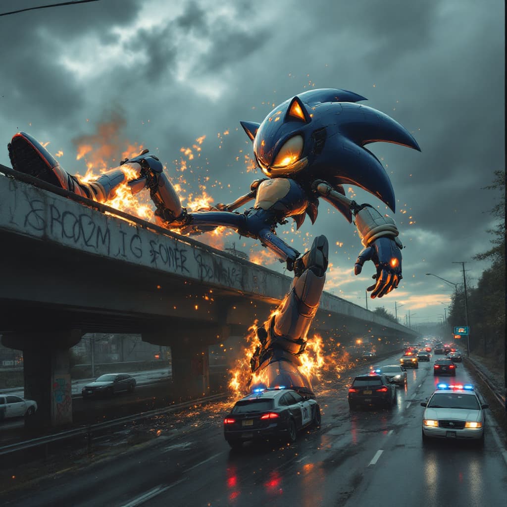 AI generated: A Giant Sonic Toy This is a realistic shot of a robot falling on an overpass on a highway in failure...
