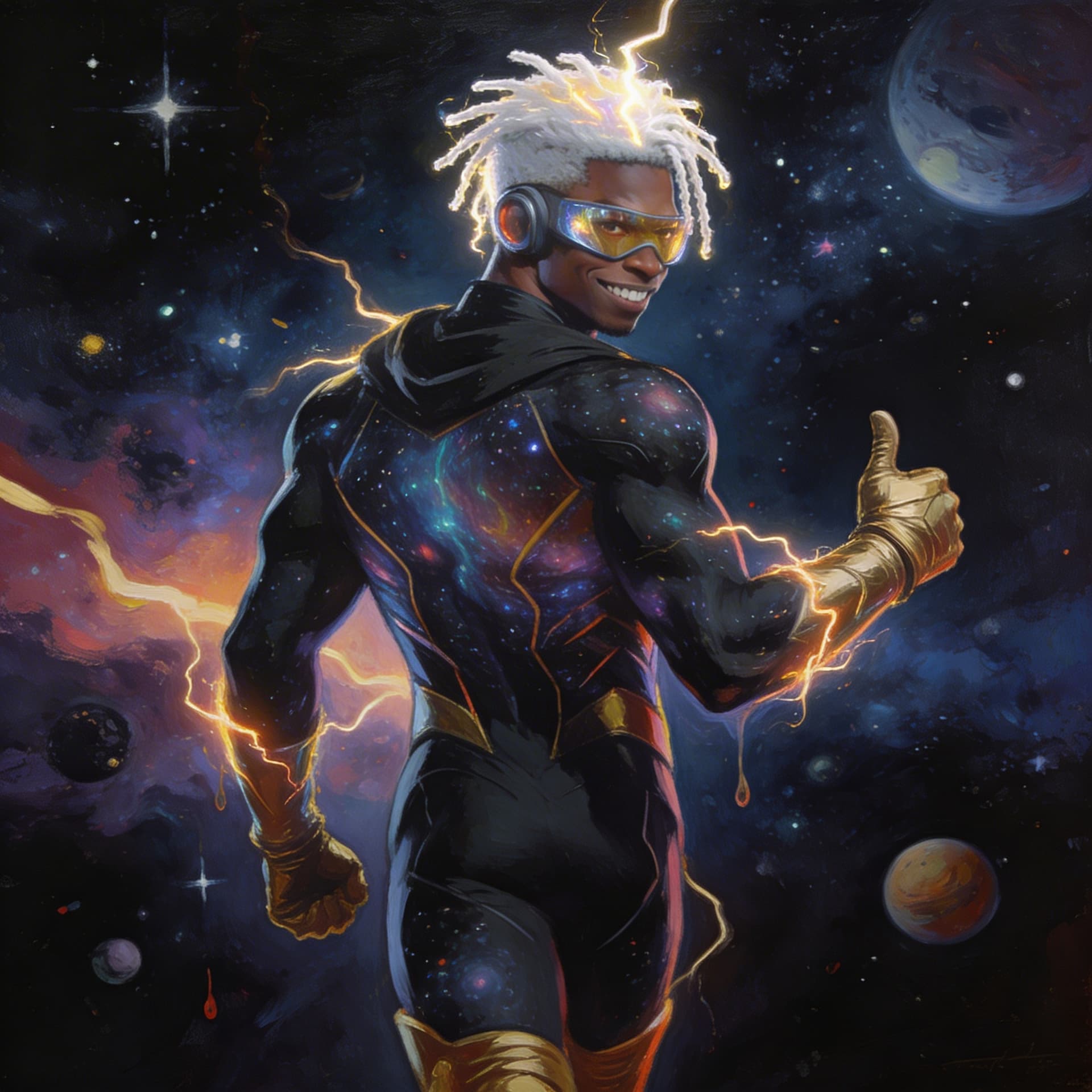 AI generated: back view of a 3d illustrated african american superHERO standing walking away with white glowing sh...