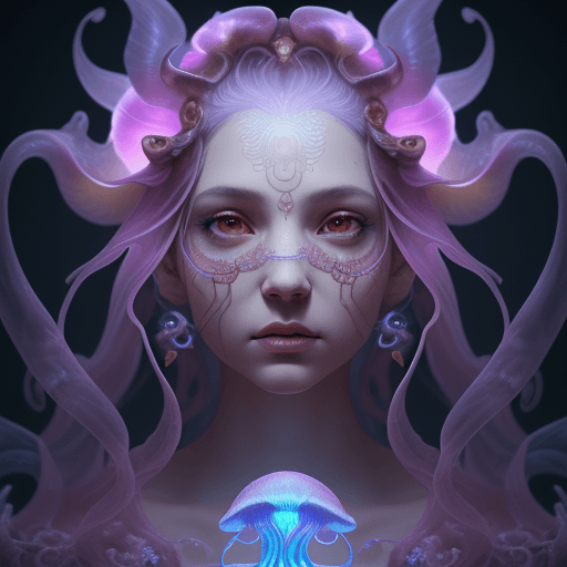 AI generated: Goddess close-up portrait ribcagel. jellyfish phoenix head, nautilus, orchid, skull, betta fish, bio...