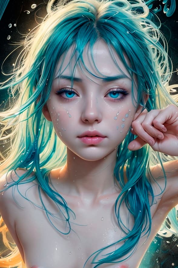 AI generated: A girl with closed eyes and blue hair, depicted in an artistic style inspired by the Xing Xing group...
