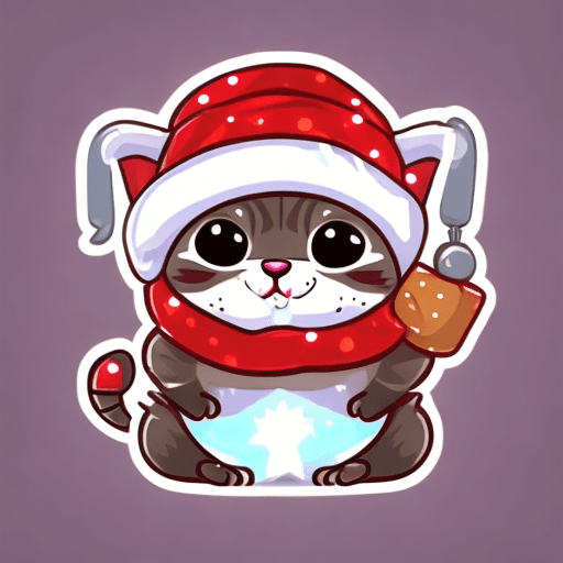 AI generated: cute baby cat with earmuffs in winter wonderland sticker in an easy vector style, happy, glowing lig...