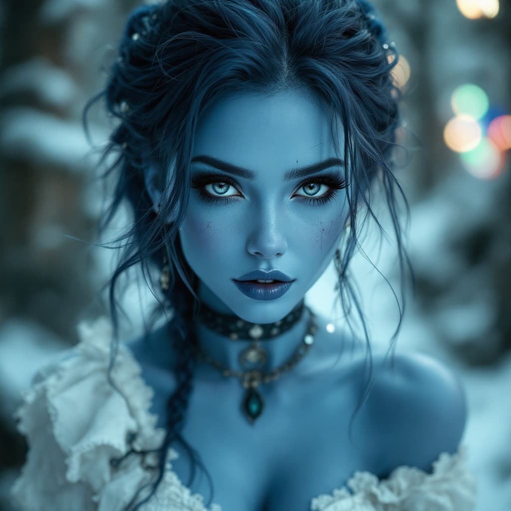 AI generated: smur-fette from the smurfs, beautiful charismatic woman, piercings, athletic, a woman with a white d...