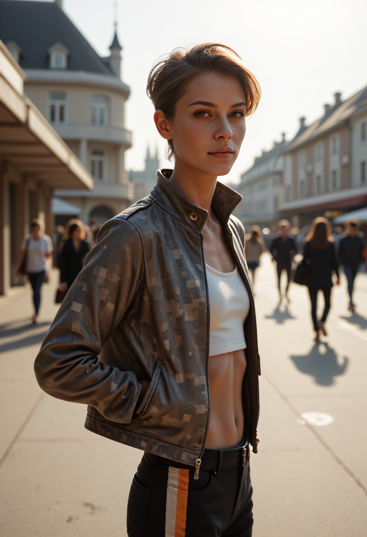 AI generated: street fashion photography, Constructivist Fashion upper body photo of a 24-year-old German-Khoikhoi...