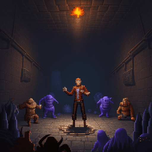 AI generated: A guy standing in the middle of explosion in the dungeon with a bunch of monsters behind him. Pixel ...