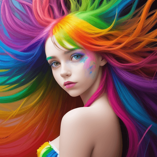 AI generated: A  girl with hair in all the colors of the rainbow, vibrant, painting, photo