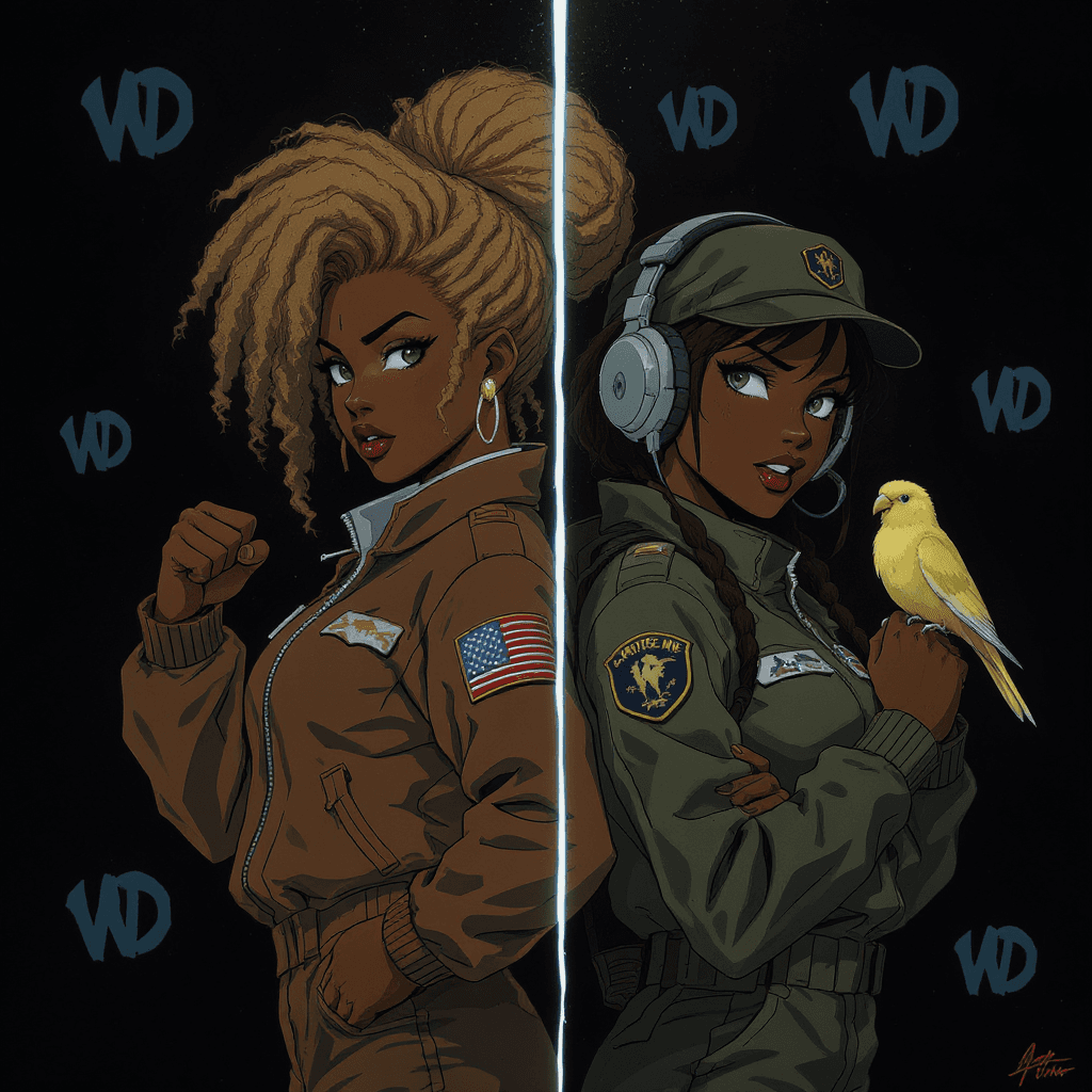 AI generated: Illustration of two Black women, around 22 years old, one with dark skin and one with green eyes, st...